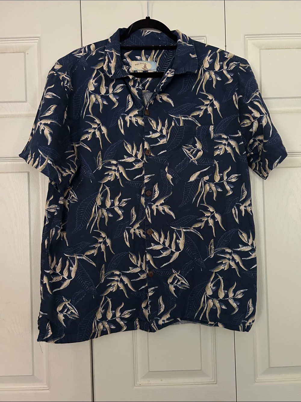 HIGH SURF Size 2XL Cotton Navy Short-Sleeve Tropical Print Button-Down Shirt